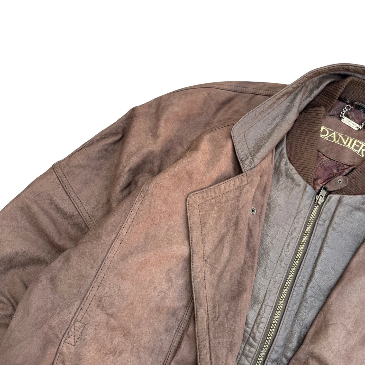 This vintage Danier brown leather layered ribbed-collar bomber RARE (48)